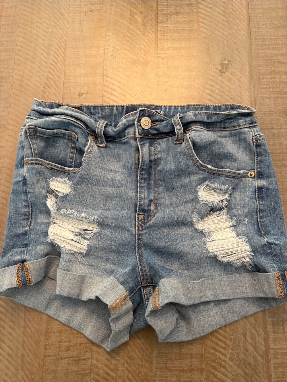 Aeropostale Light Blue High Rise MIDI Distressed Denim Shorts with Rolled Cuffs